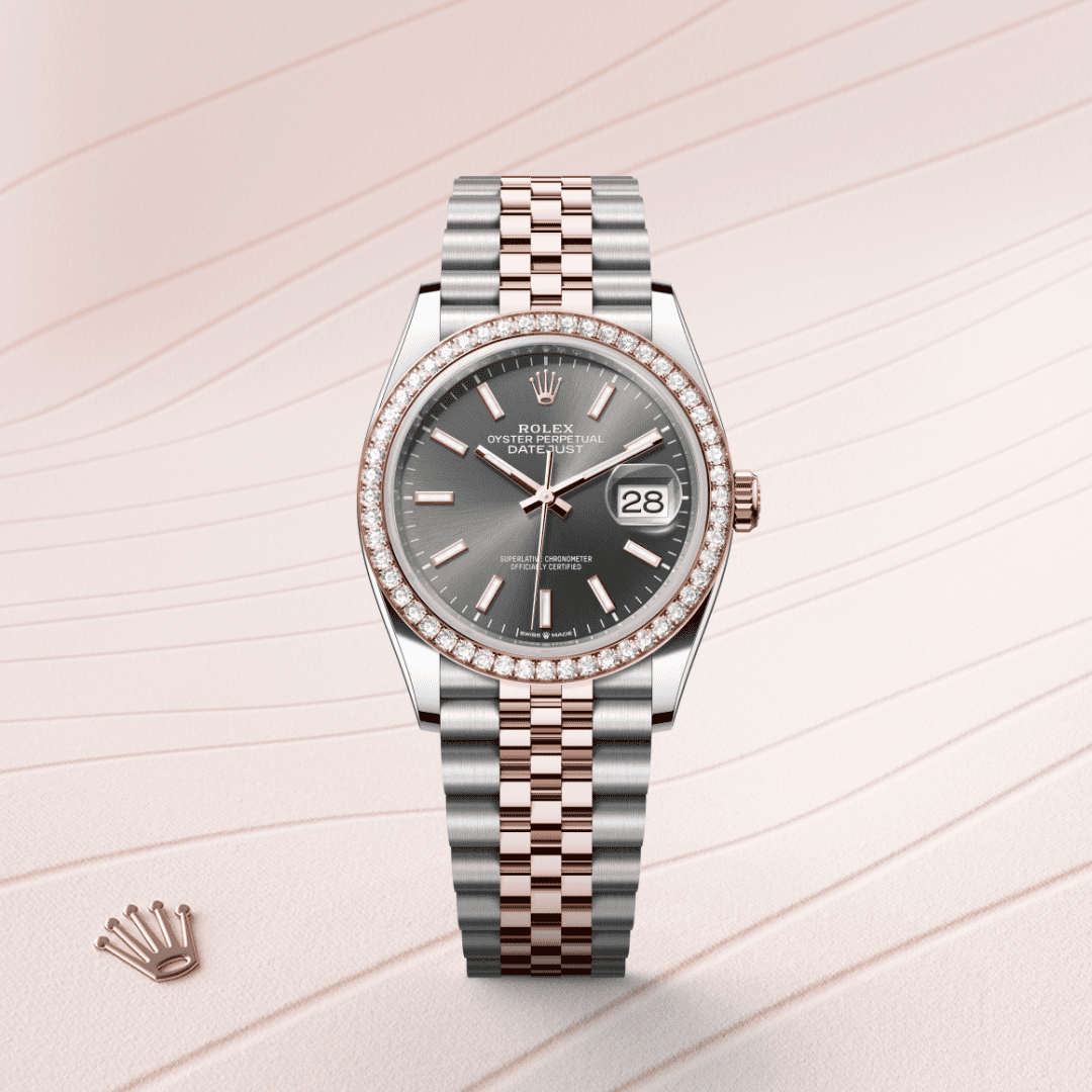 Rolex Datejust 36 Oyster, 36 mm, Oystersteel çelik, Everose altın ve pırlanta M126281RBR-0001