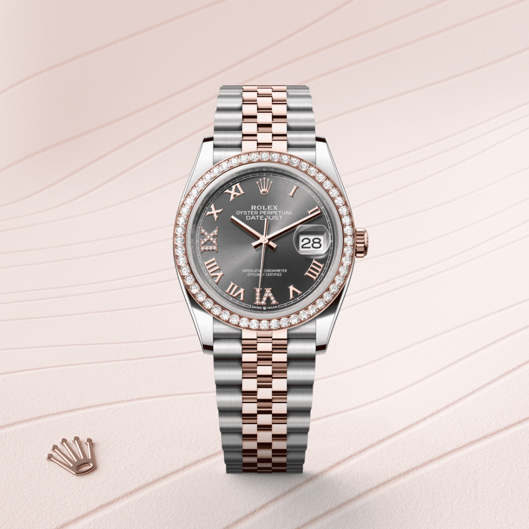 Rolex Datejust 36 Oyster, 36 mm, Oystersteel çelik, Everose altın ve pırlanta M126281RBR-0011