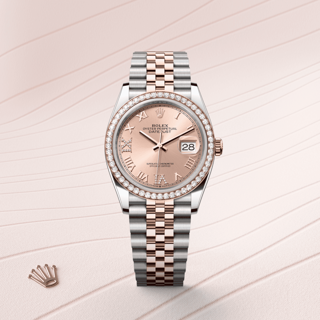Rolex Datejust 36 Oyster, 36 mm, Oystersteel çelik, Everose altın ve pırlanta M126281RBR-0015