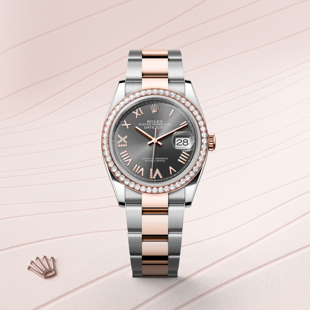 Rolex Datejust 36 Oyster, 36 mm, Oystersteel çelik, Everose altın ve pırlanta M126281RBR-0036