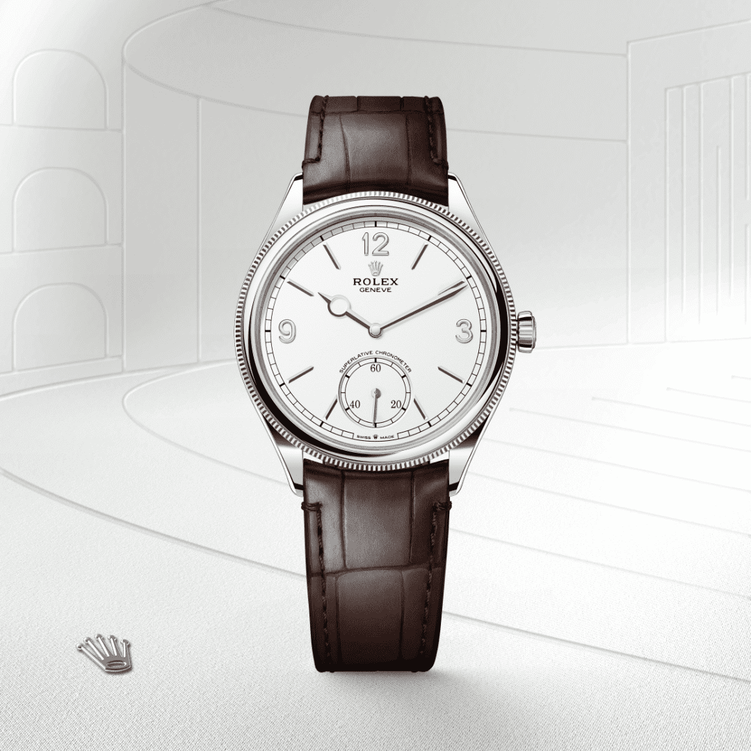 Rolex 1908 39 mm, 18 kt beyaz altın, cilalı yüzey M52509-0006