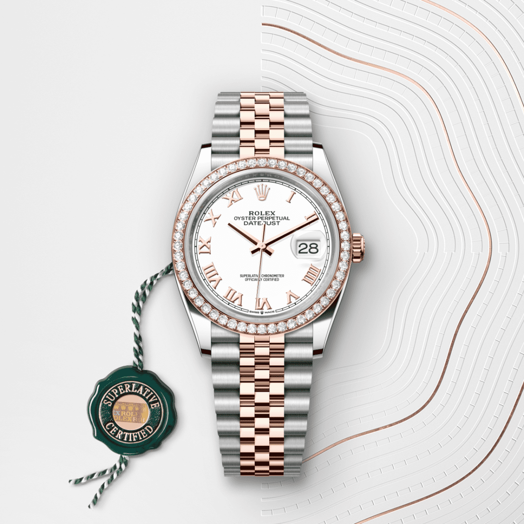 Rolex Datejust 36 Oyster, 36 mm, Oystersteel çelik, Everose altın ve pırlanta M126281RBR-0003