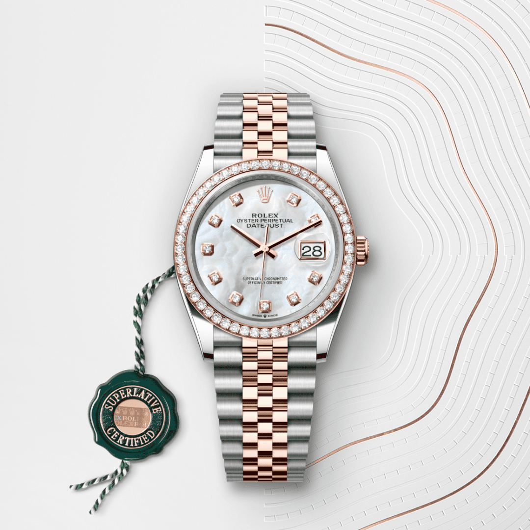 Rolex Datejust 36 Oyster, 36 mm, Oystersteel çelik, Everose altın ve pırlanta M126281RBR-0009