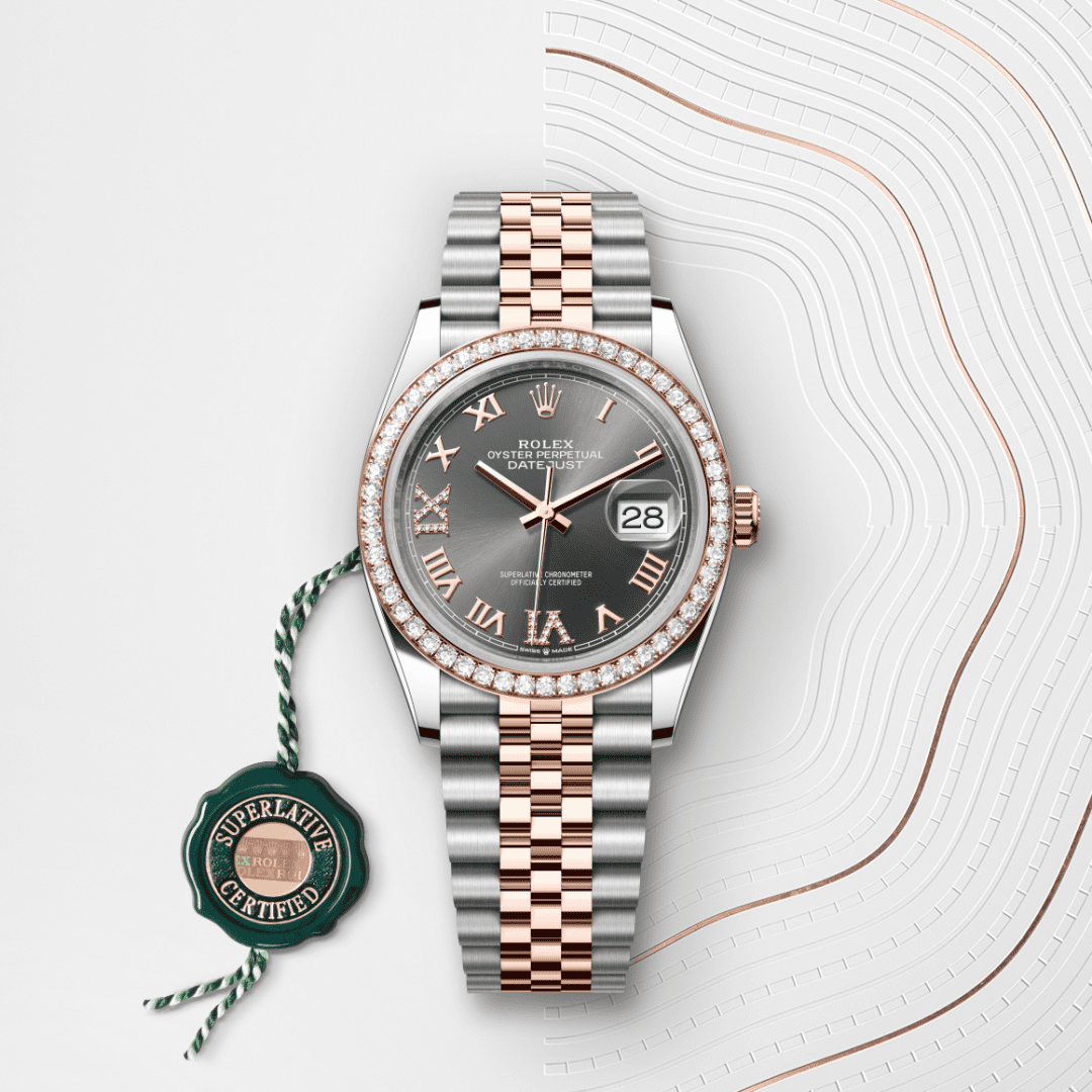 Rolex Datejust 36 Oyster, 36 mm, Oystersteel çelik, Everose altın ve pırlanta M126281RBR-0011