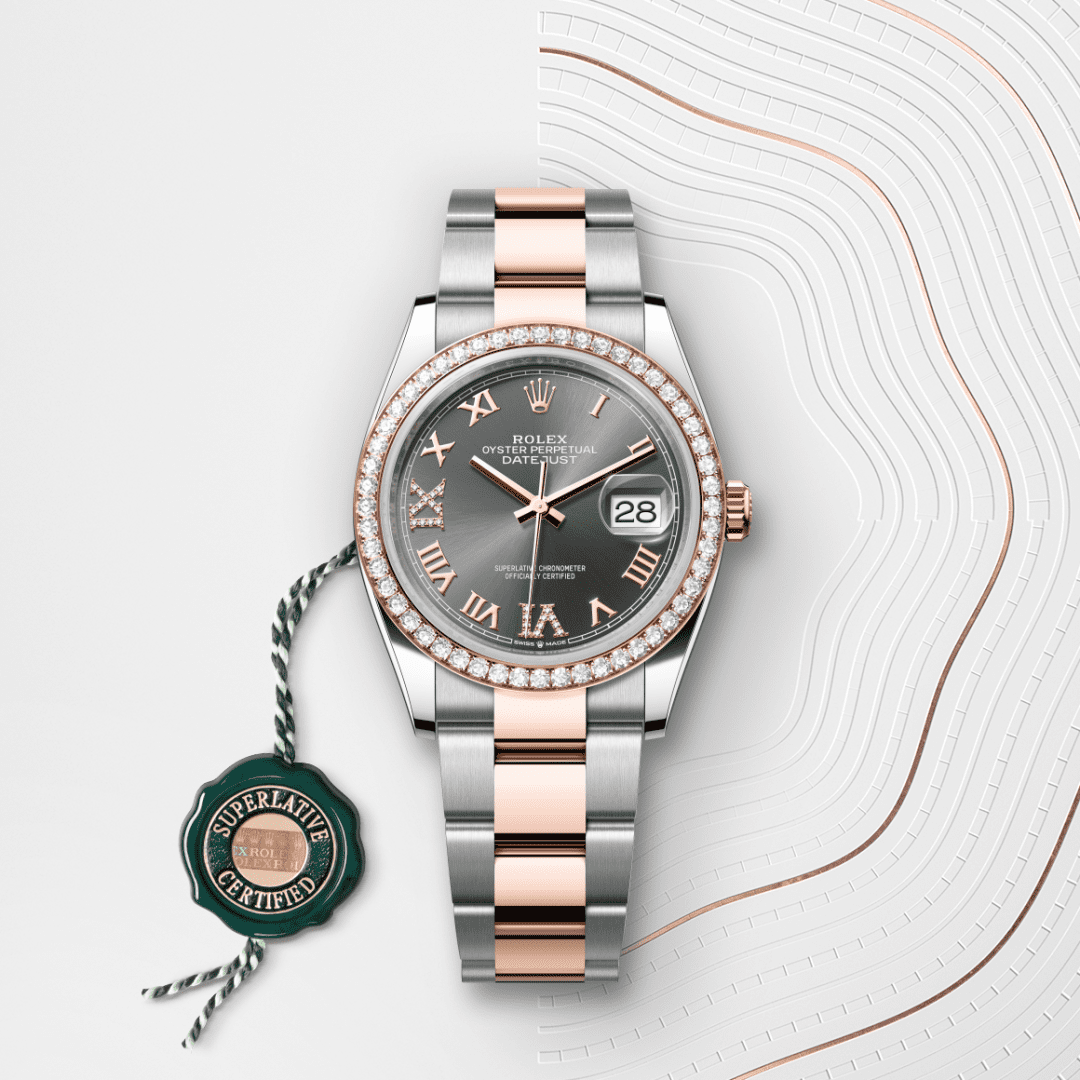 Rolex Datejust 36 Oyster, 36 mm, Oystersteel çelik, Everose altın ve pırlanta M126281RBR-0012