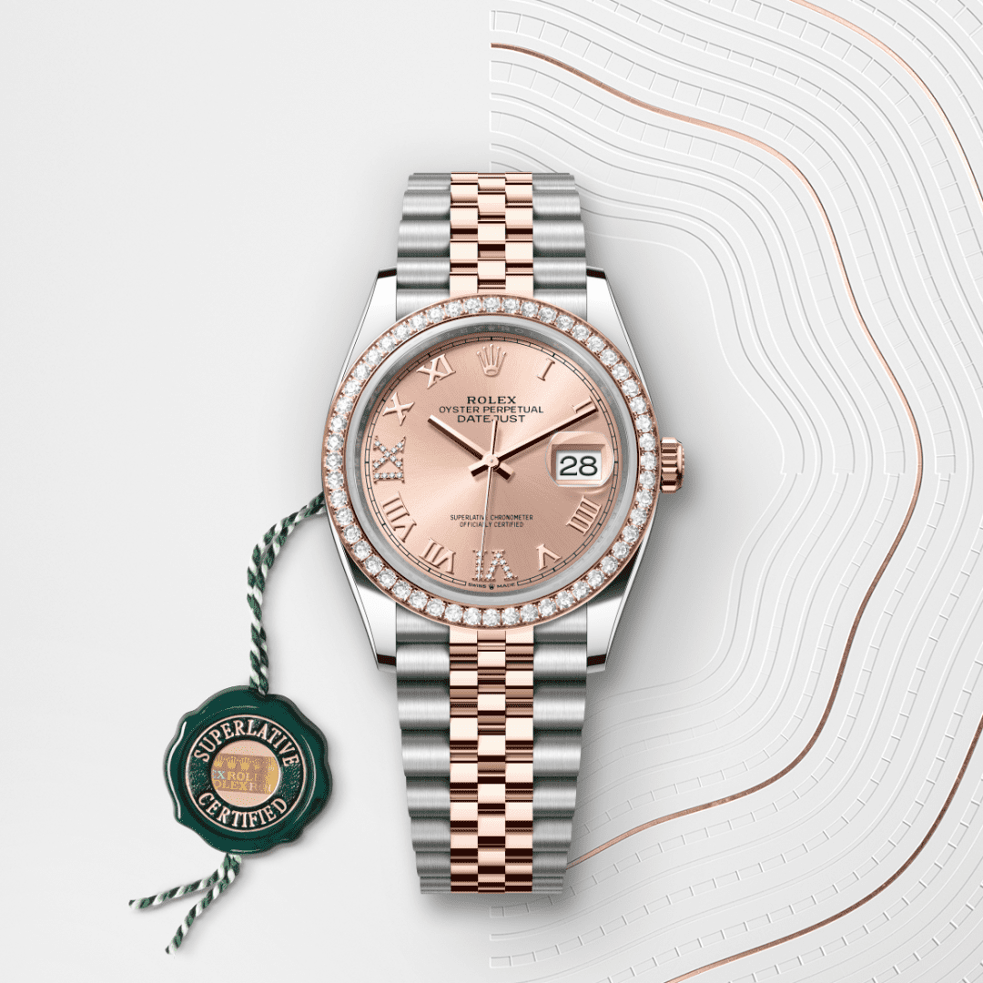 Rolex Datejust 36 Oyster, 36 mm, Oystersteel çelik, Everose altın ve pırlanta M126281RBR-0015