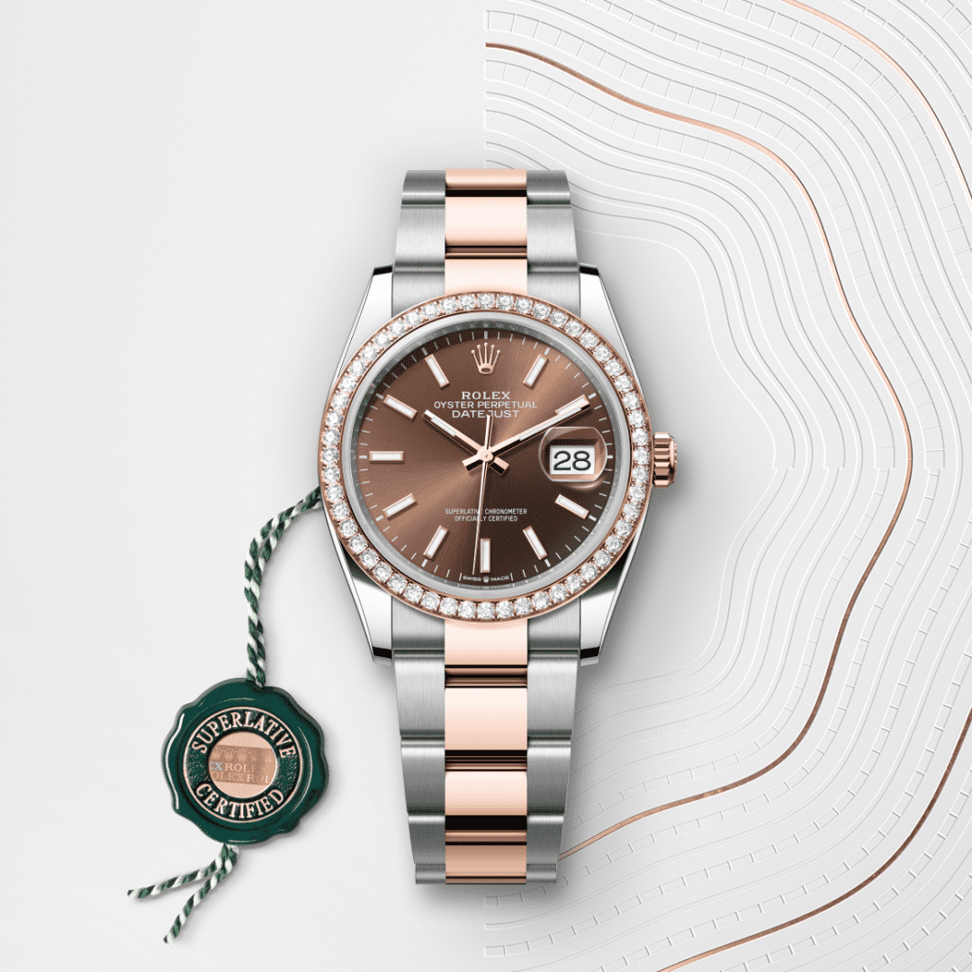 Rolex Datejust 36 Oyster, 36 mm, Oystersteel çelik, Everose altın ve pırlanta M126281RBR-0032