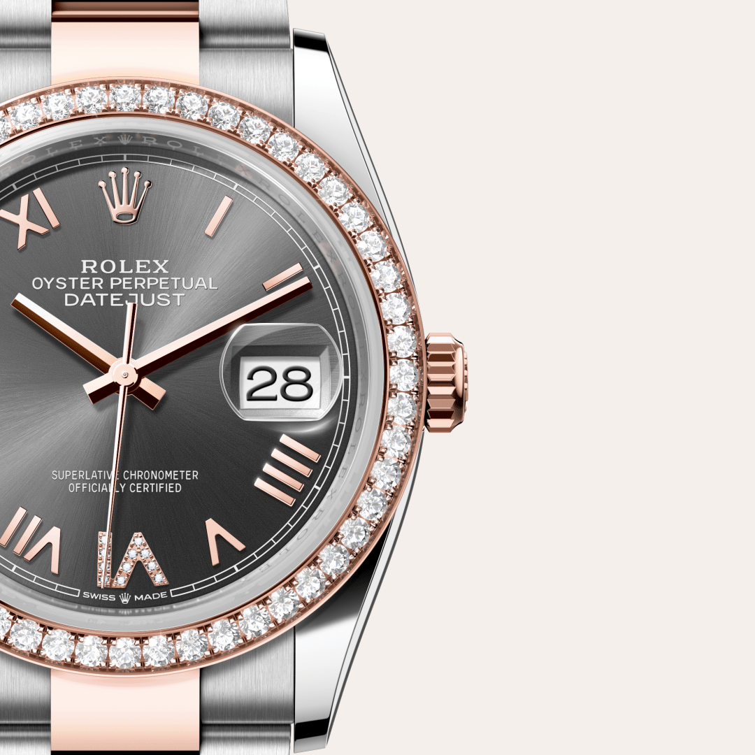 Rolex Datejust 36 Oyster, 36 mm, Oystersteel çelik, Everose altın ve pırlanta M126281RBR-0036