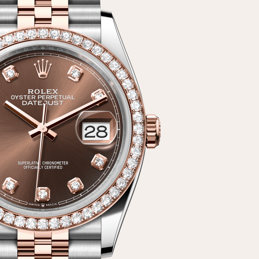 Rolex Datejust 36 Oyster, 36 mm, Oystersteel çelik, Everose altın ve pırlanta M126281RBR-0041