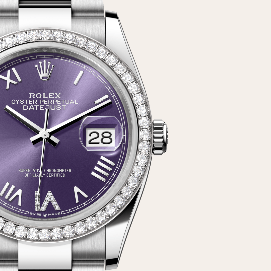 Rolex Datejust 36 Oyster, 36 mm, Oystersteel çelik, beyaz altın ve pırlanta M126284RBR-0056