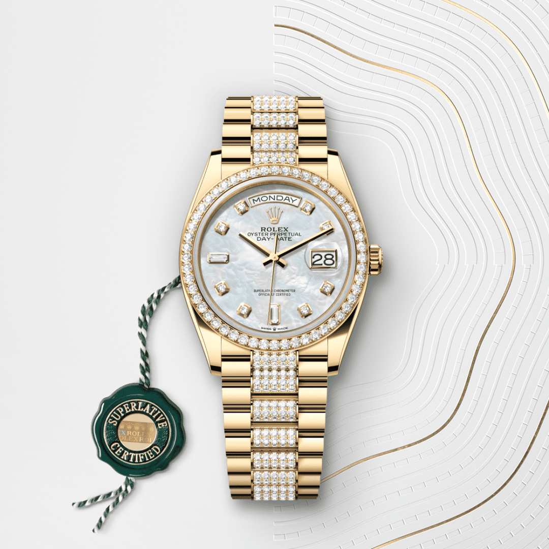 Rolex Day-Date 36 Oyster, 36 mm, sarı altın ve pırlanta M128348RBR-0019