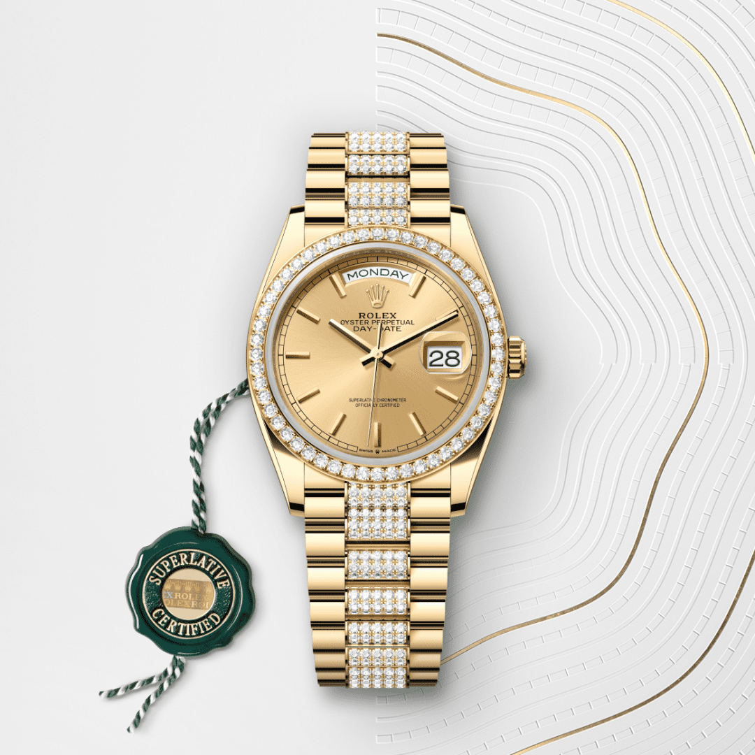 Rolex Day-Date 36 Oyster, 36 mm, sarı altın ve pırlanta M128348RBR-0027