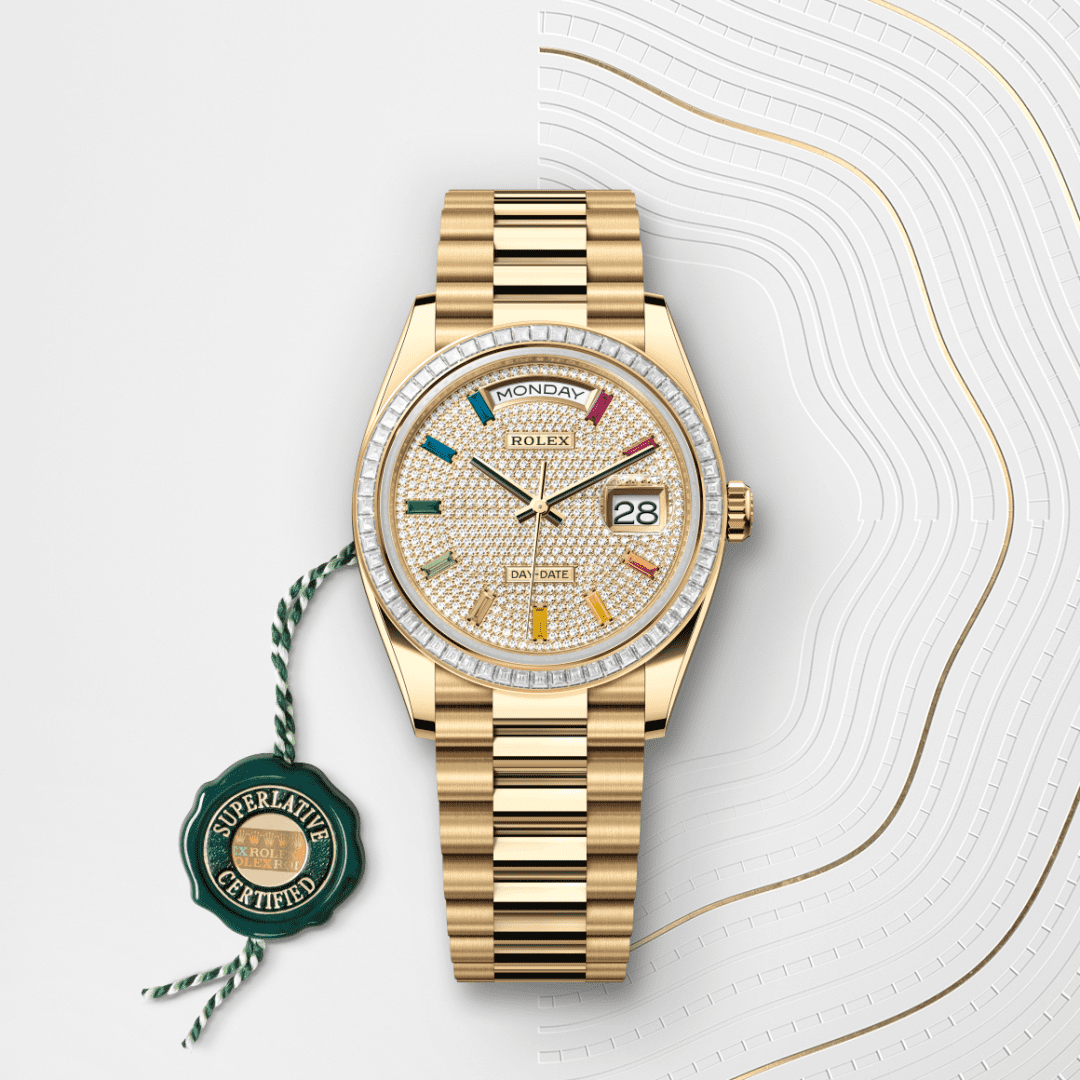 Rolex Day-Date 36 Oyster, 36 mm, sarı altın ve pırlanta M128398TBR-0012