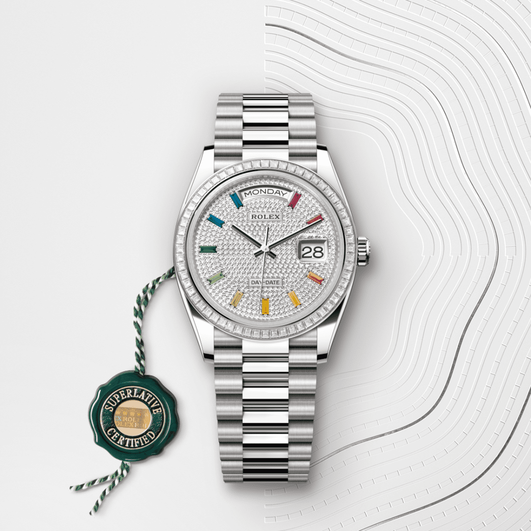 Rolex Day-Date 36 Oyster, 36 mm, beyaz altın ve pırlanta M128399TBR-0005