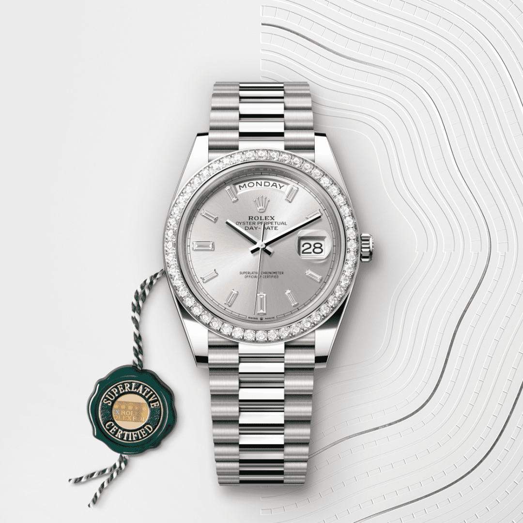 Rolex Day-Date 40 Oyster, 40 mm, beyaz altın ve pırlanta M228349RBR-0001
