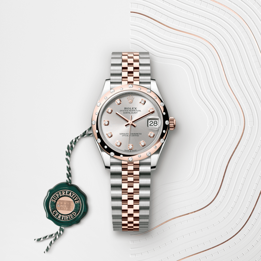 Rolex Datejust 31 Oyster, 31 mm, Oystersteel çelik, Everose altın ve pırlanta M278341RBR-0016
