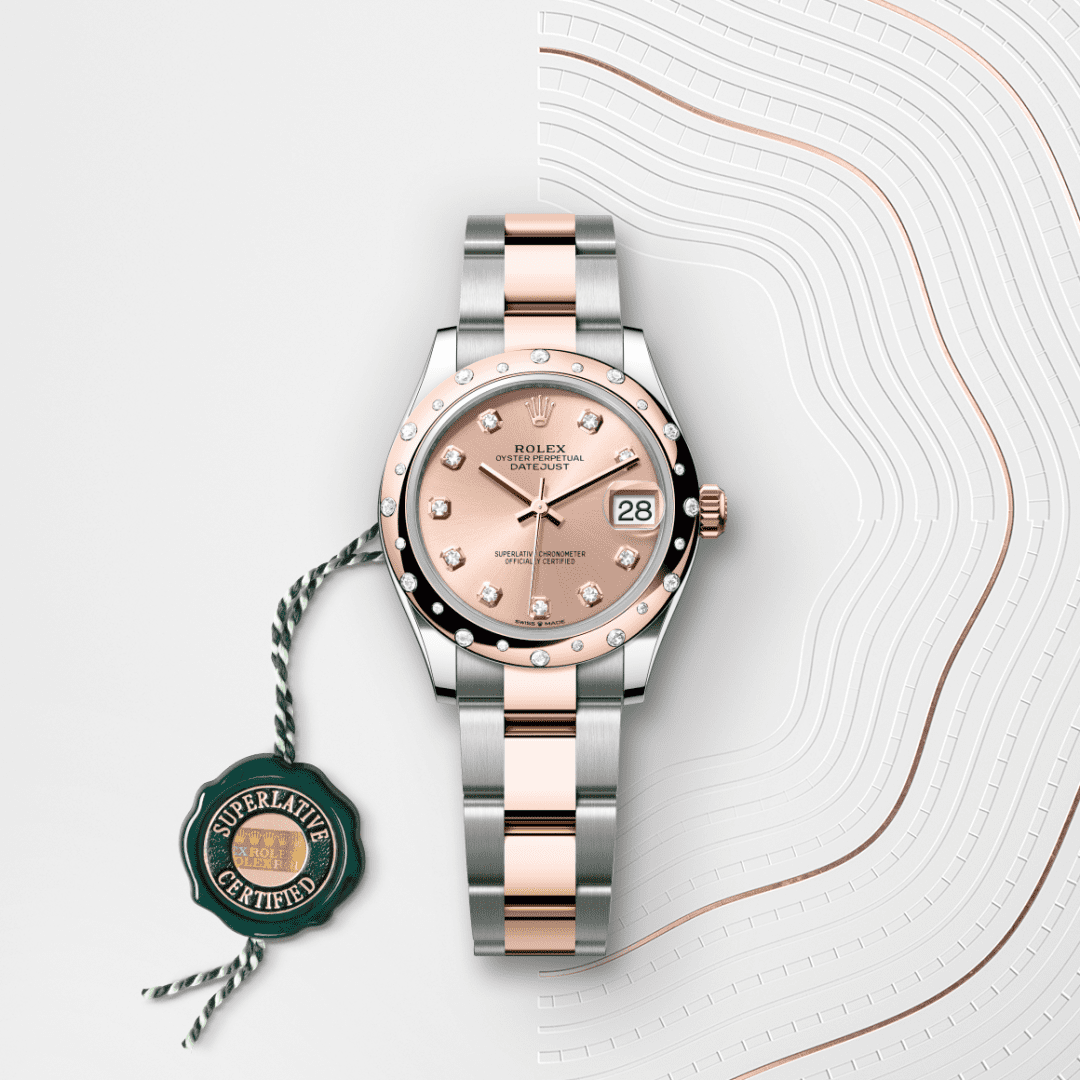 Rolex Datejust 31 Oyster, 31 mm, Oystersteel çelik, Everose altın ve pırlanta M278341RBR-0023