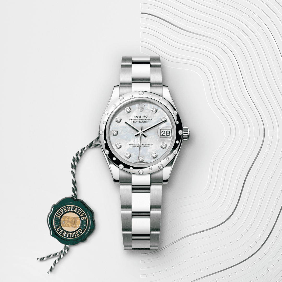 Rolex Datejust 31 Oyster, 31 mm, Oystersteel çelik, beyaz altın ve pırlanta M278344RBR-0005