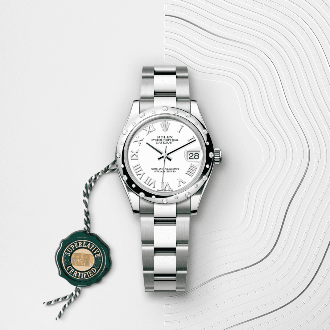 Rolex Datejust 31 Oyster, 31 mm, Oystersteel çelik, beyaz altın ve pırlanta M278344RBR-0011