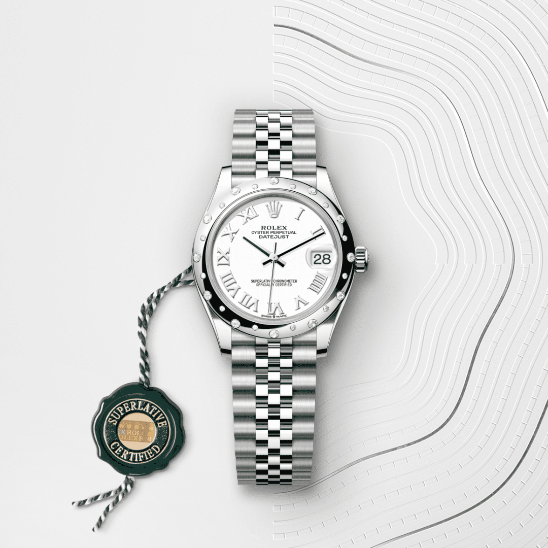 Rolex Datejust 31 Oyster, 31 mm, Oystersteel çelik, beyaz altın ve pırlanta M278344RBR-0012