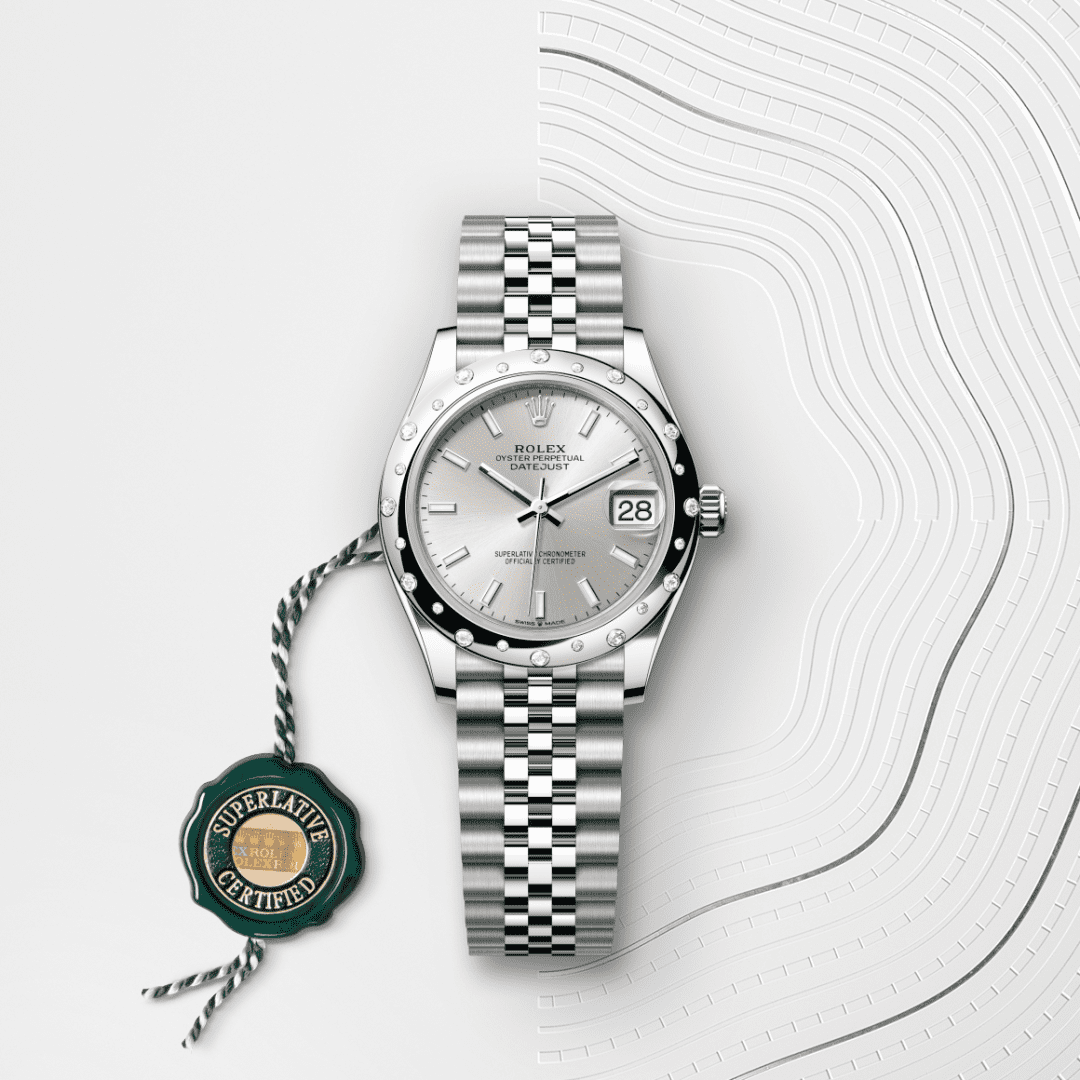 Rolex Datejust 31 Oyster, 31 mm, Oystersteel çelik, beyaz altın ve pırlanta M278344RBR-0014