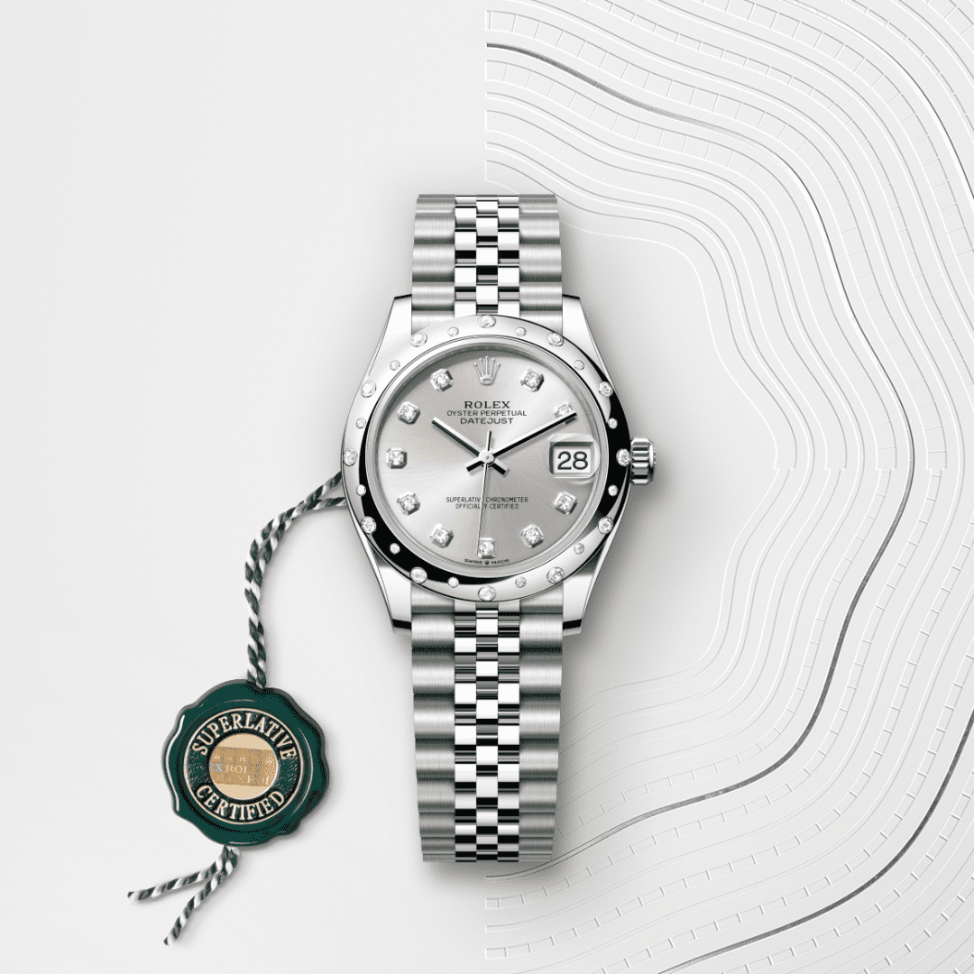 Rolex Datejust 31 Oyster, 31 mm, Oystersteel çelik, beyaz altın ve pırlanta M278344RBR-0032