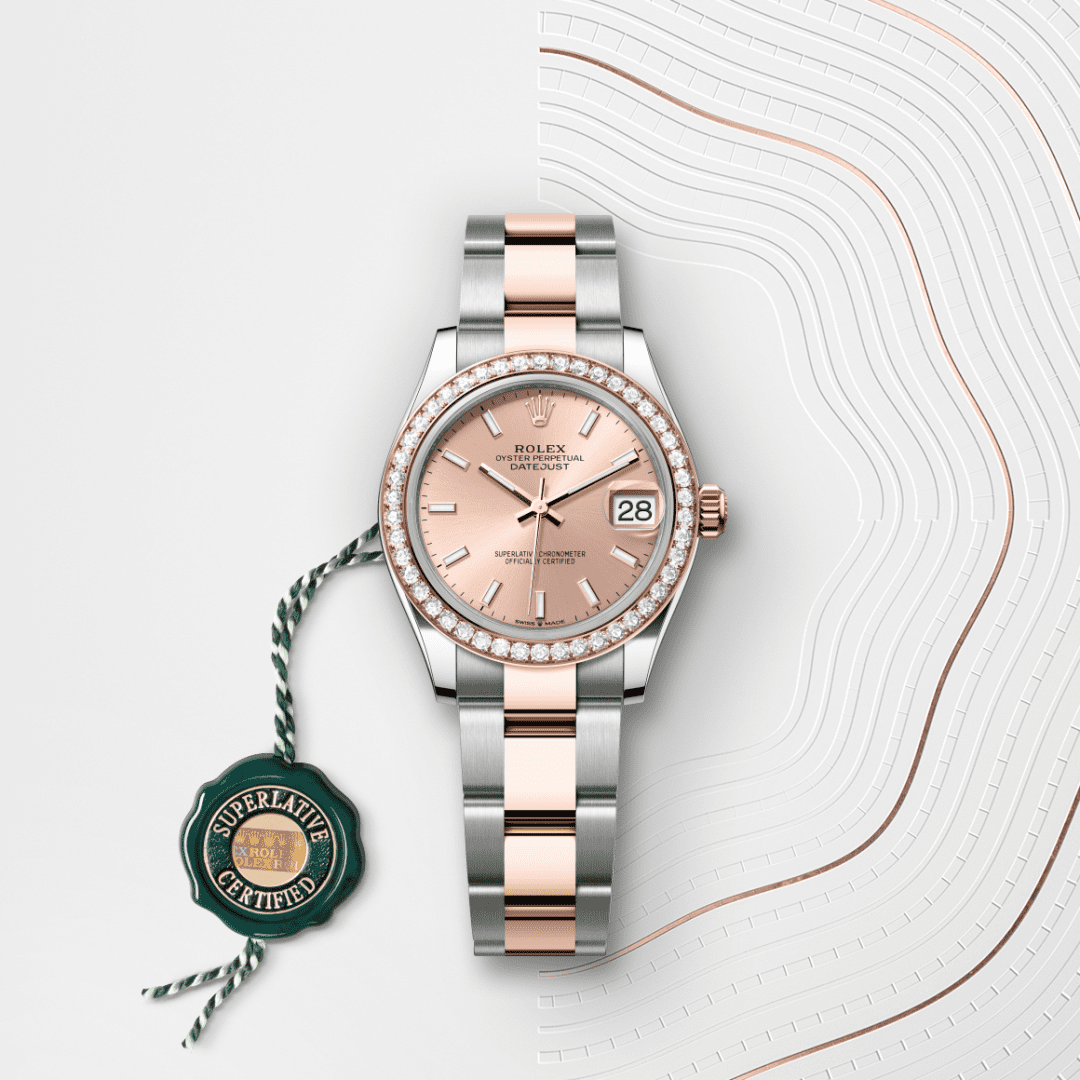 Rolex Datejust 31 Oyster, 31 mm, Oystersteel çelik, Everose altın ve pırlanta M278381RBR-0009