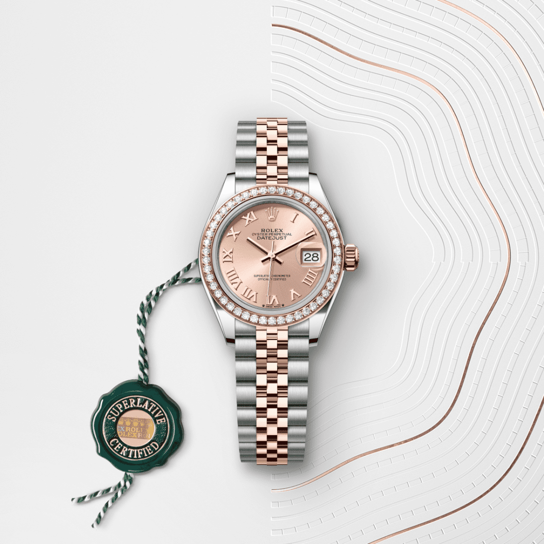 Rolex Lady-Datejust Oyster, 28 mm, Oystersteel çelik, Everose altın ve pırlanta M279381RBR-0025