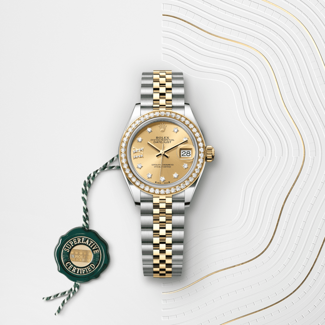 Rolex Lady-Datejust Oyster, 28 mm, Oystersteel çelik, sarı altın ve pırlanta M279383RBR-0021