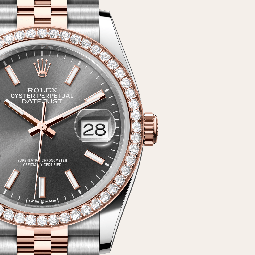 Rolex Datejust 36 Oyster, 36 mm, Oystersteel çelik, Everose altın ve pırlanta M126281RBR-0001