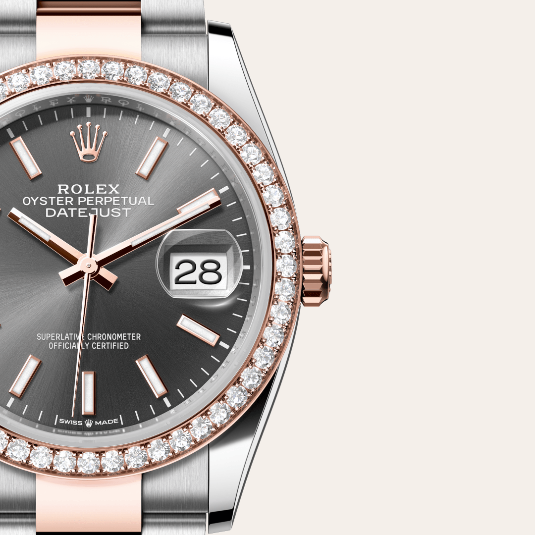 Rolex Datejust 36 Oyster, 36 mm, Oystersteel çelik, Everose altın ve pırlanta M126281RBR-0002