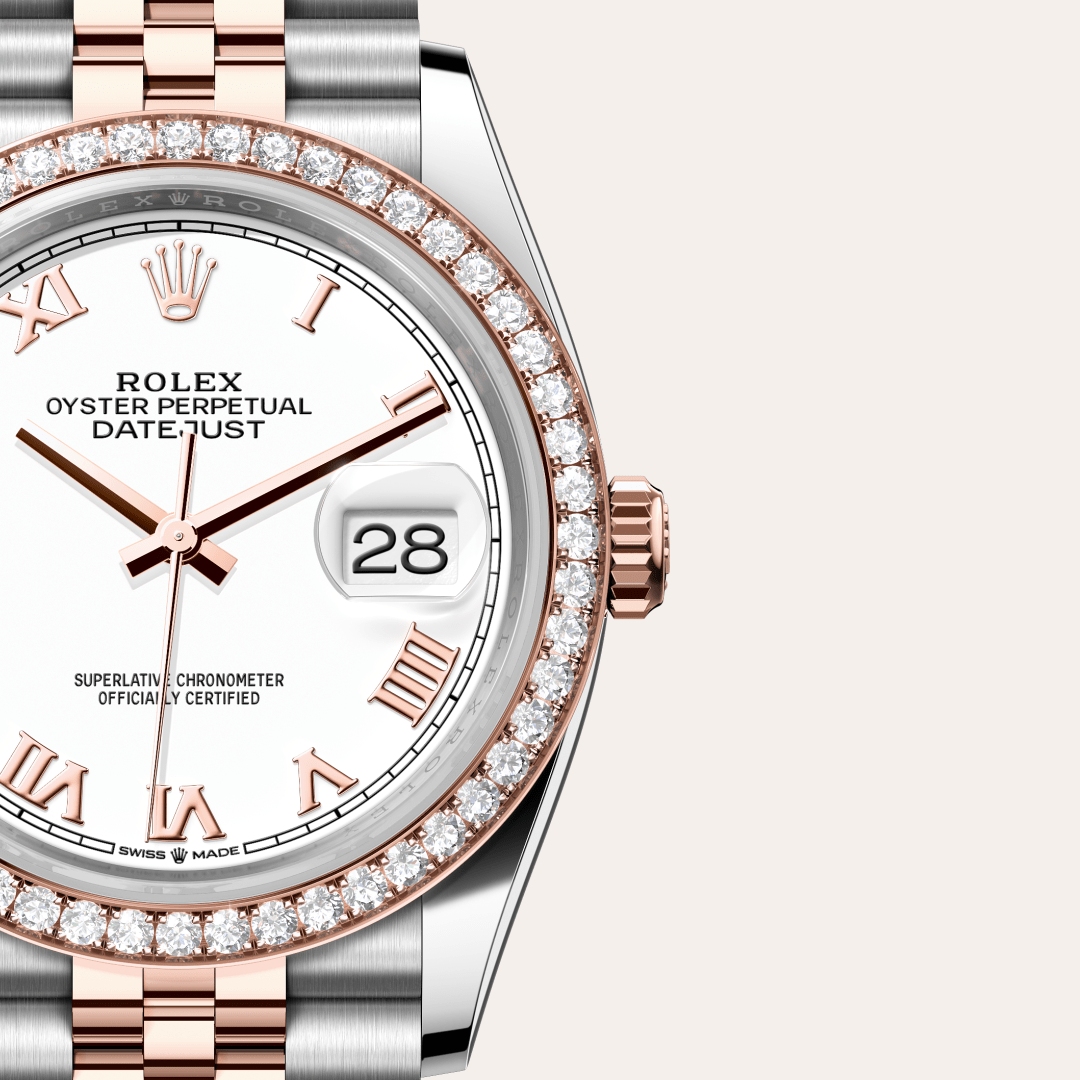 Rolex Datejust 36 Oyster, 36 mm, Oystersteel çelik, Everose altın ve pırlanta M126281RBR-0003