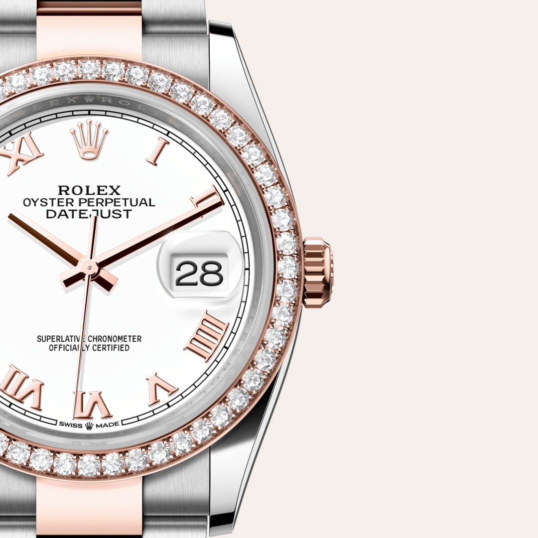 Rolex Datejust 36 Oyster, 36 mm, Oystersteel çelik, Everose altın ve pırlanta M126281RBR-0004