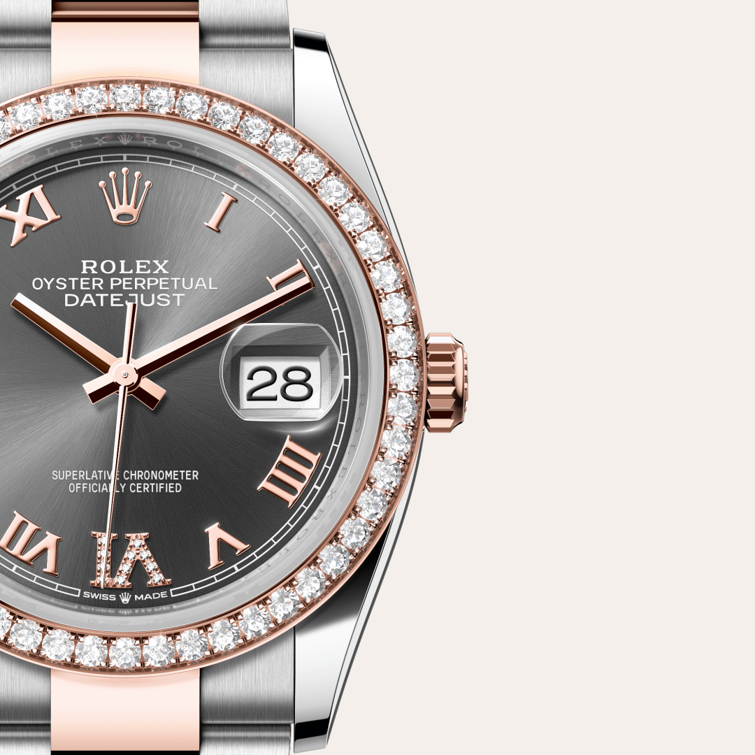 Rolex Datejust 36 Oyster, 36 mm, Oystersteel çelik, Everose altın ve pırlanta M126281RBR-0012