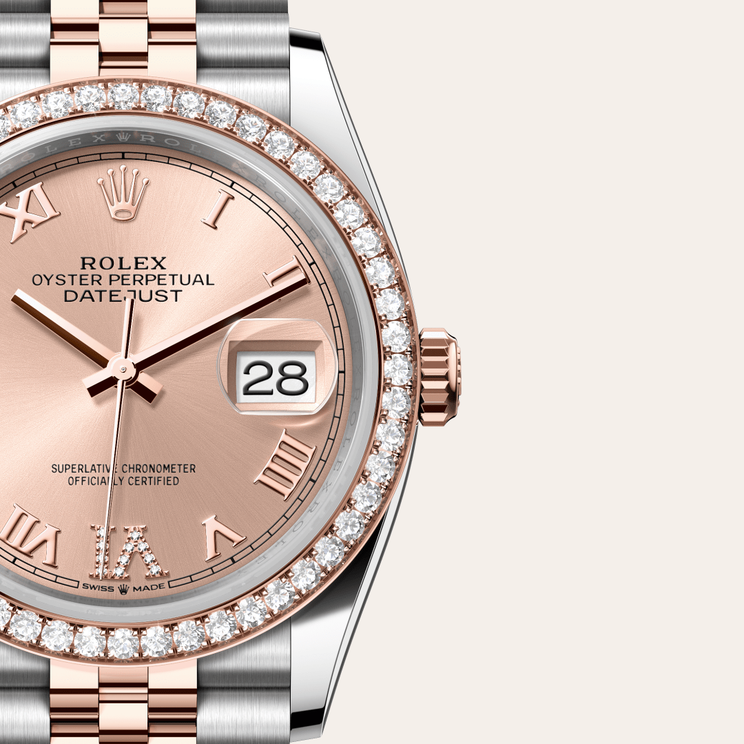 Rolex Datejust 36 Oyster, 36 mm, Oystersteel çelik, Everose altın ve pırlanta M126281RBR-0015