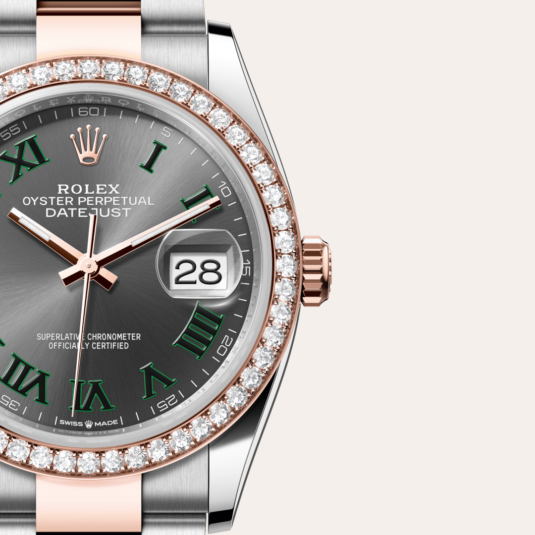 Rolex Datejust 36 Oyster, 36 mm, Oystersteel çelik, Everose altın ve pırlanta M126281RBR-0018