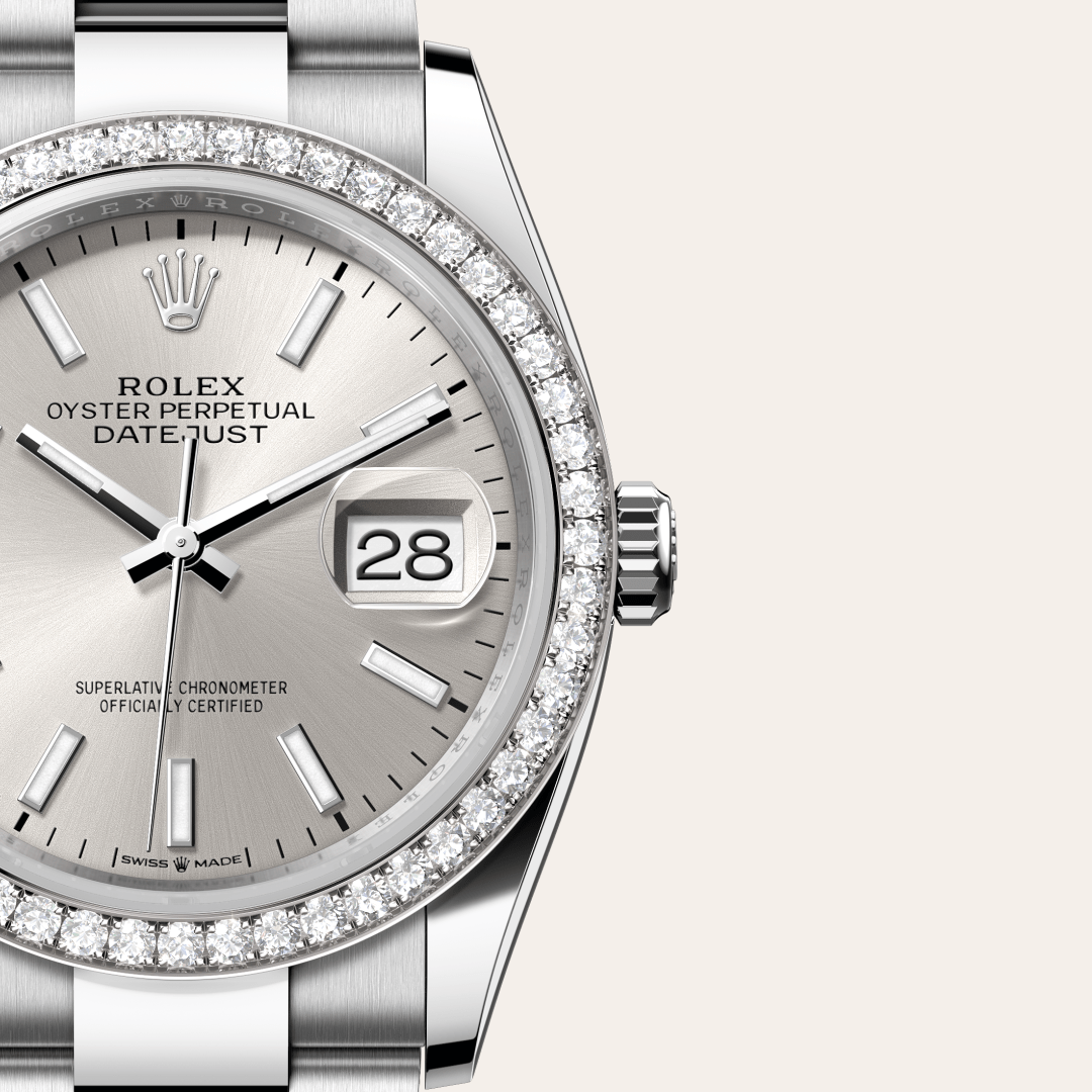 Rolex Datejust 36 Oyster, 36 mm, Oystersteel çelik, beyaz altın ve pırlanta M126284RBR-0006