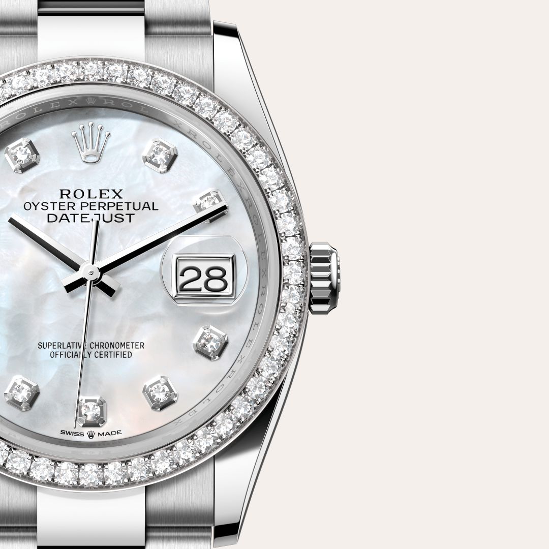 Rolex Datejust 36 Oyster, 36 mm, Oystersteel çelik, beyaz altın ve pırlanta M126284RBR-0012