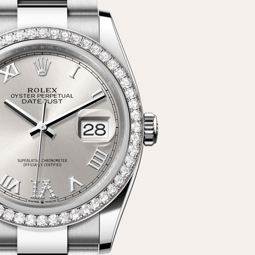 Rolex Datejust 36 Oyster, 36 mm, Oystersteel çelik, beyaz altın ve pırlanta M126284RBR-0022